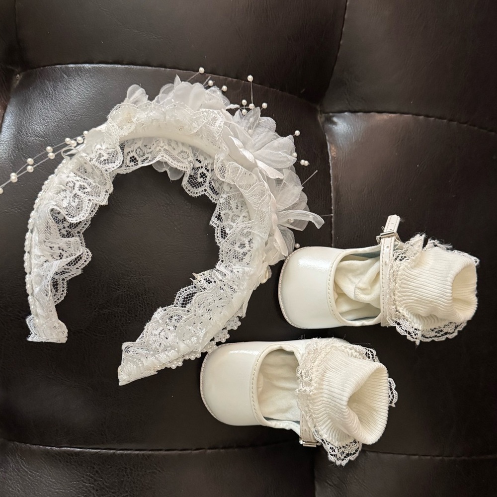 Christening Assessories - Elegant White Baby Shoes, Lace Headband & Socks